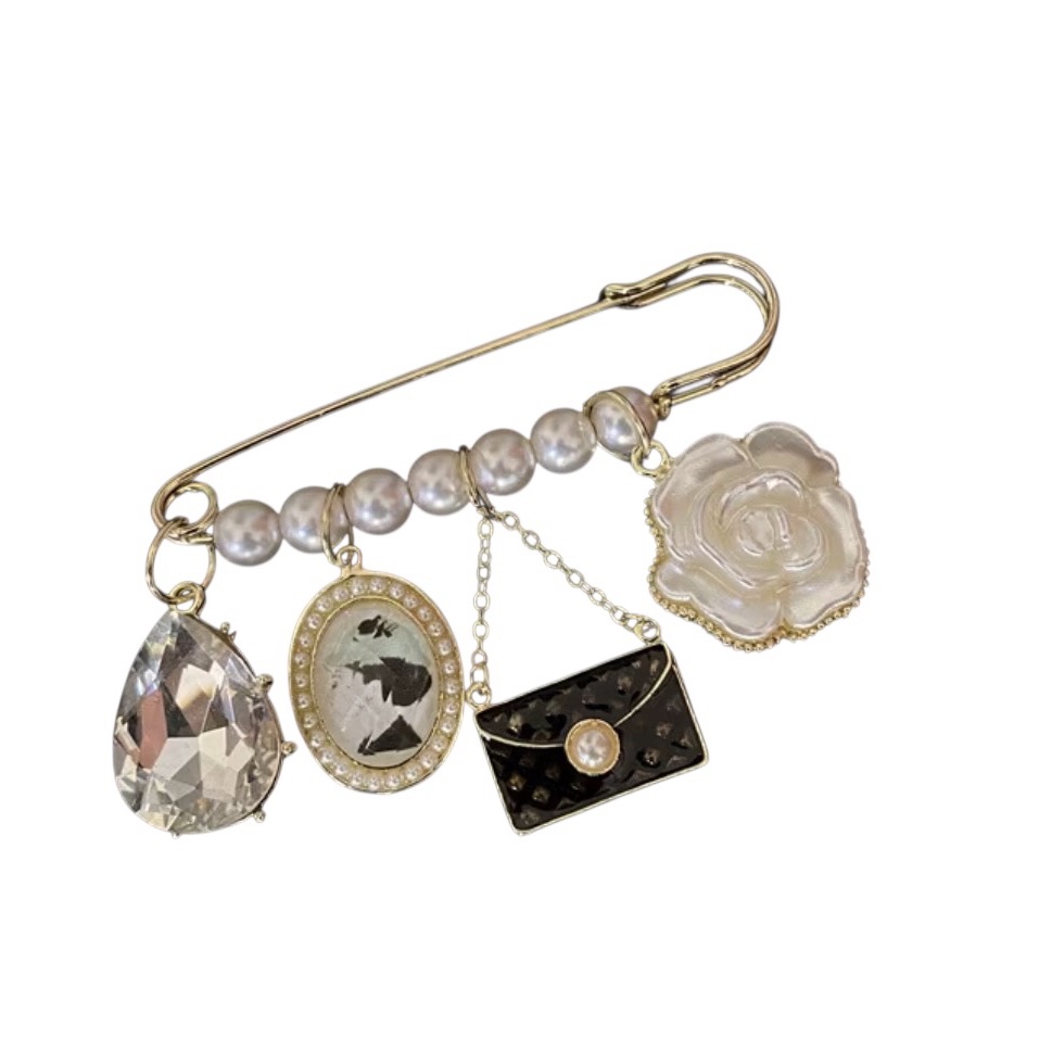 Gold Pearl Charm Brooch With Crystal, Cameo And Flower Accents